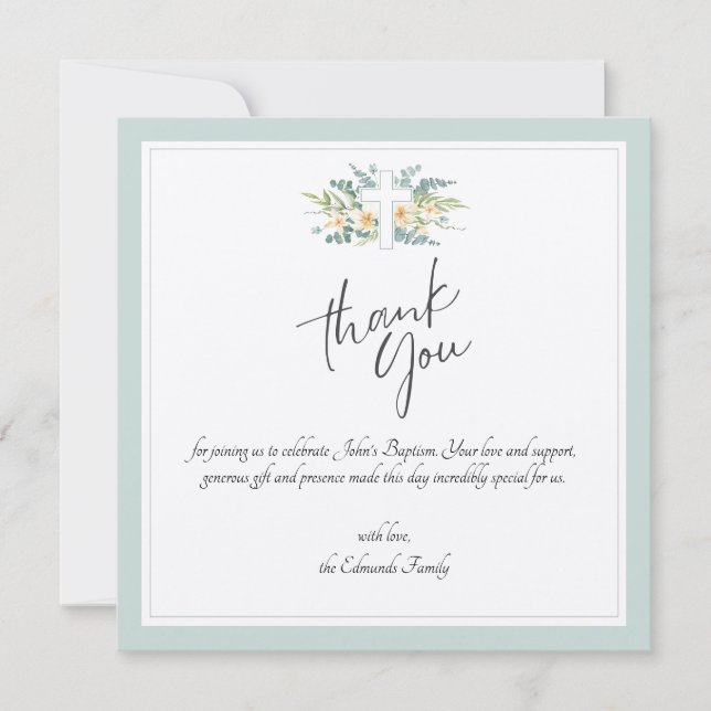 Green Floral Watercolor Baptism  Dankeskarte (Vorderseite)