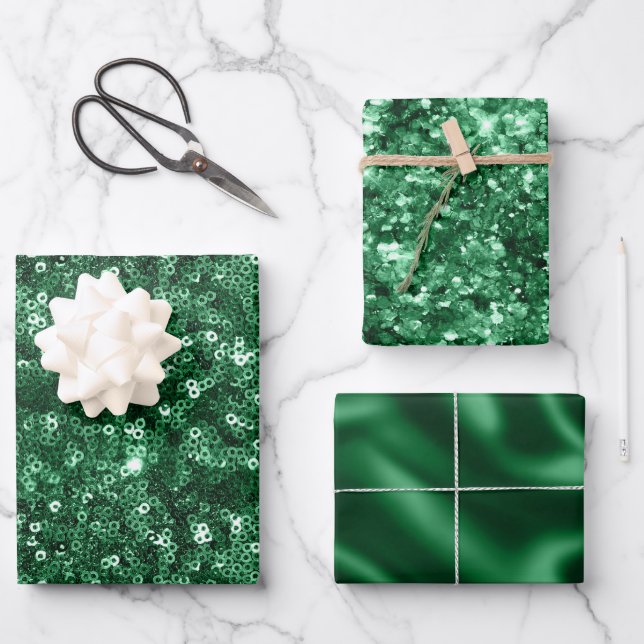 Green Foil Holiday Satin und Glitzer Weihnachten Geschenkpapier Set (Vorderseite)