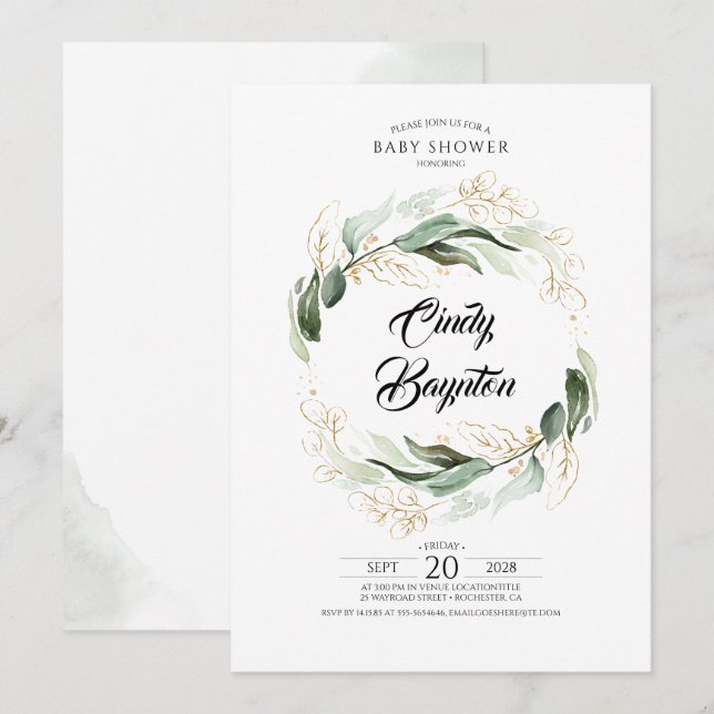 Green Foliage and Gold Blätter Baby Shower Einladung (Vorne/Hinten)