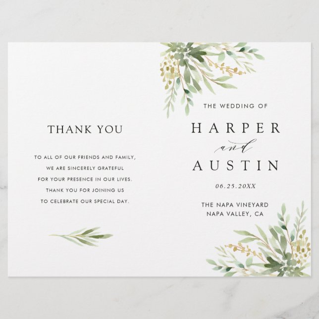 Green Foliage Botanical Folded Wedding Programme (Devant)