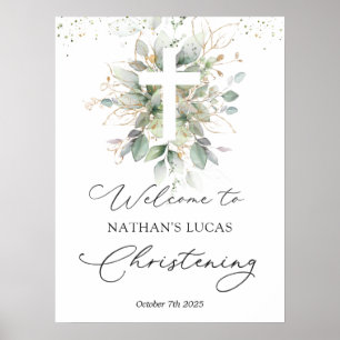 Green Foliage Cross Baby Christening Poster
