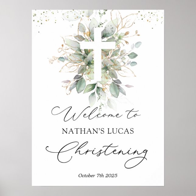 Green Foliage Cross Baby Christening Poster (Devant)