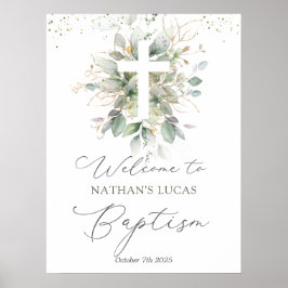 Green Foliage Cross Baby Taufplakat Poster