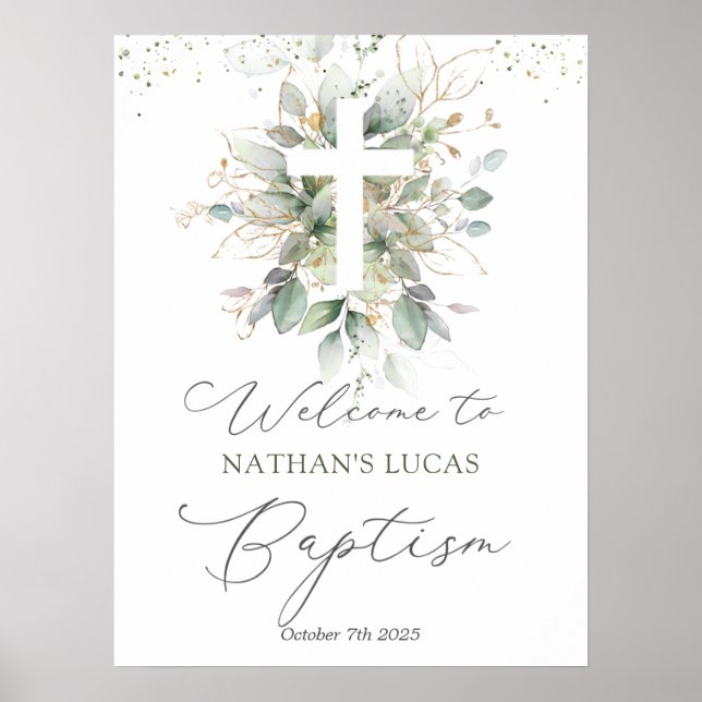 Green Foliage Cross Baby Taufplakat Poster (Vorne)