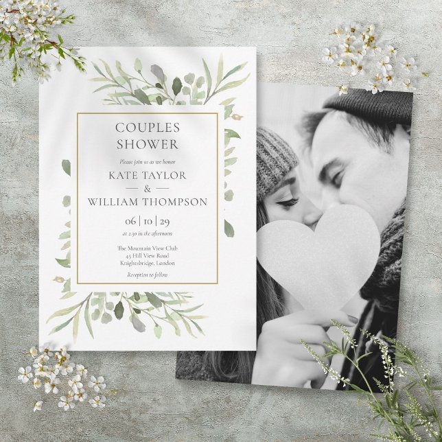 Green Foliage Foto Couples Dusche Einladung (Greenery Foliage Photo Couples Shower Invitation)