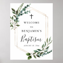 Green Foliage Gold Cross Baptism Welcome Poster