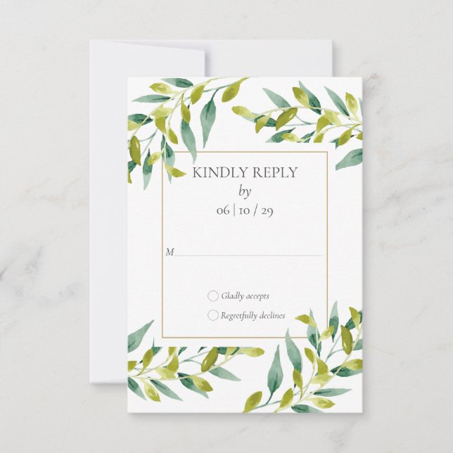 Green Foliage Gold Geometric Wedding RSVP Card (Vorderseite)
