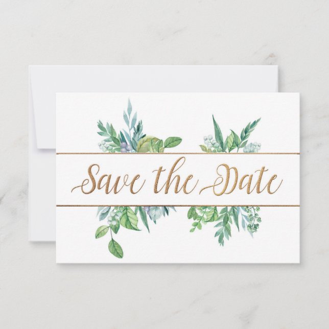 Green Foliage & Gold Script Save the Date Card (Vorderseite)