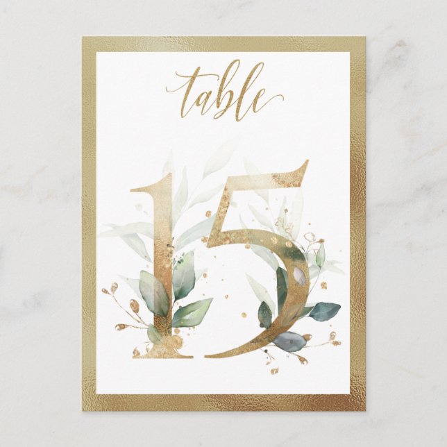 Green Foliage Gold Tischnummern, Tabelle 15 Card Postkarte (Vorderseite)