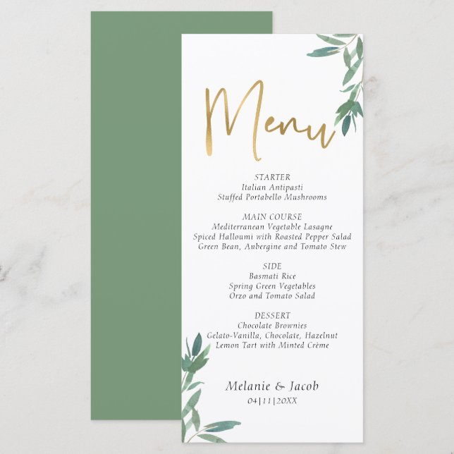 Green Foliage Hochzeitmenü Menükarte (Vorne/Hinten)
