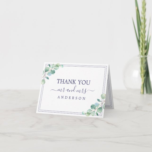 Green Foliage Navy Blue Border Wedding Foto Dankeskarte (Vorderseite)