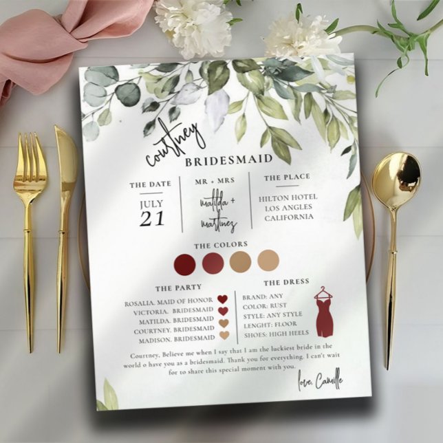 Green Foliage Text Script Bridesmaid Info Card (Von Creator hochgeladen)