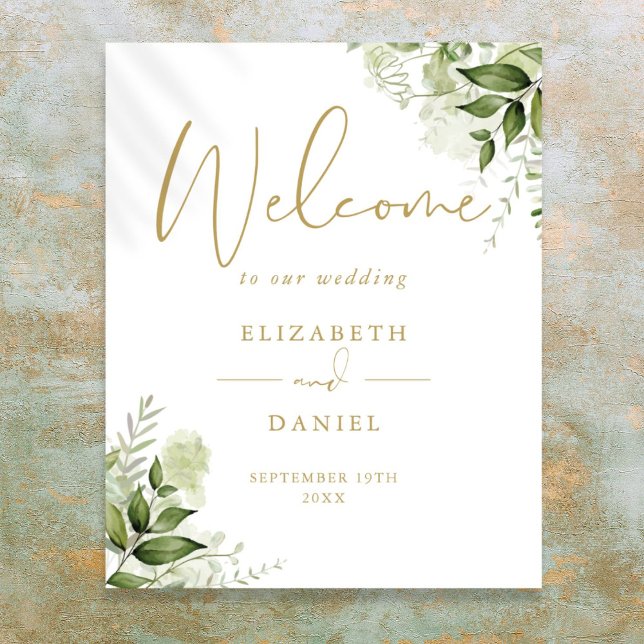 Green Foliage Wedding Gold Willkommenszeichen Poster (Greenery Foliage Wedding Gold Welcome Sign)
