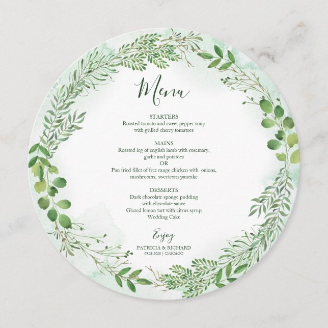 Green Foliage Wreath Greenerity Wedding Round Menu Menükarte (Vorderseite)