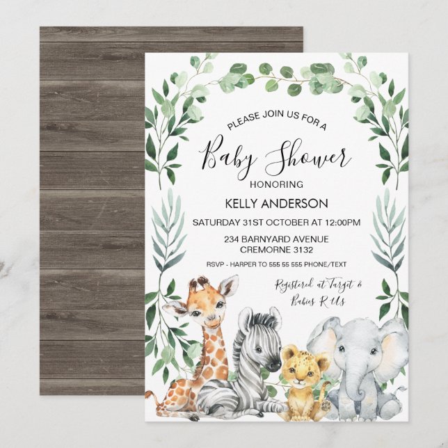 Green Foliage Wreath Safari Animals Baby Dusche Einladung (Vorne/Hinten)