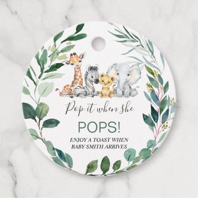 Green Foliage Wreath Safari Baby Shower Pop It Geschenkanhänger (Vorderseite)