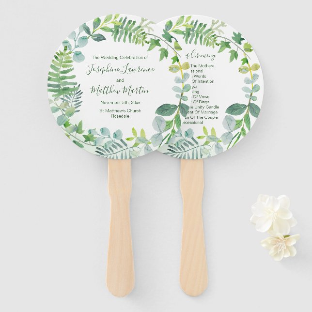 Green Foliage Wreath Wedding Programs Fächer (Vorne und Hinten)