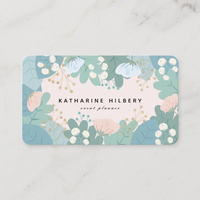 Green Folies Floral Pink Business Card Visitenkarte (Vorderseite)