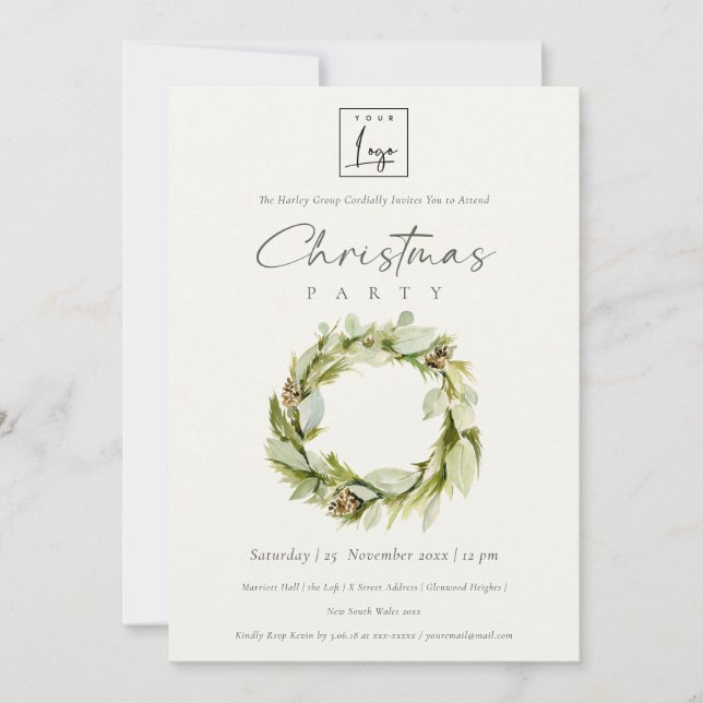 Green Folies Winter Kreath Logo Weihnachtsfest Par Einladung (Vorderseite)