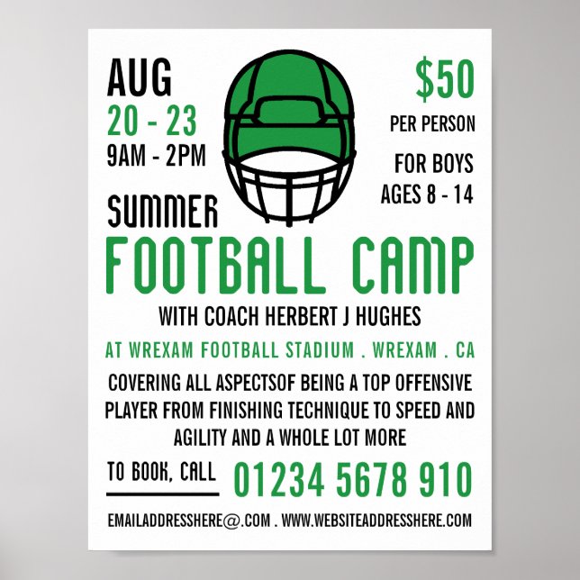 Green Football Helm, Fußball Camp Werbung Poster (Vorne)