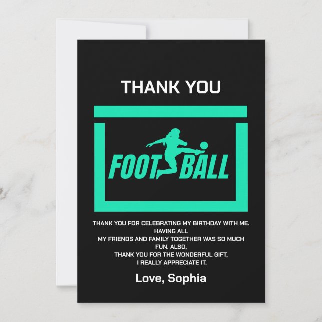 Green Football Player Girl, Birthday Girl Team Dankeskarte (Vorderseite)