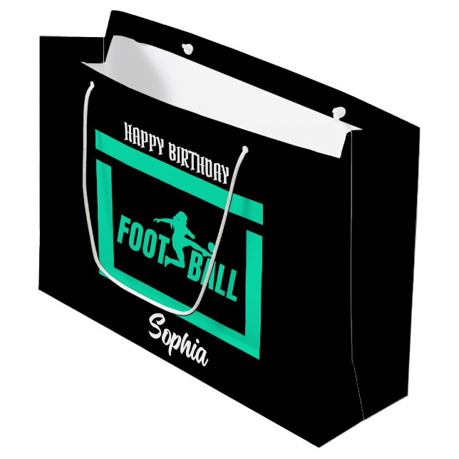 Green Football Player Girl, Birthday Girl Team Große Geschenktüte (Vorderseite Schrägansicht)