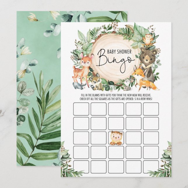Green Forest Bingo Boy Baby Shower Game Card Einladung (Vorne/Hinten)