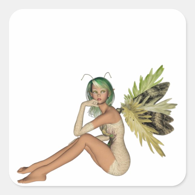 Green Forest Fairy 3D - Sitting Sideways Quadratischer Aufkleber (Vorderseite)