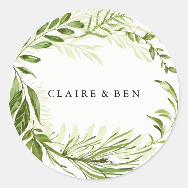 Green Forest Garden Leaf Wreath Wedding Runder Aufkleber (Vorderseite)