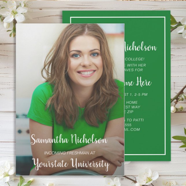 Green Foto Abschluss Trunk Uni Dorm Party Einladung (Green graduation party photo invitation)