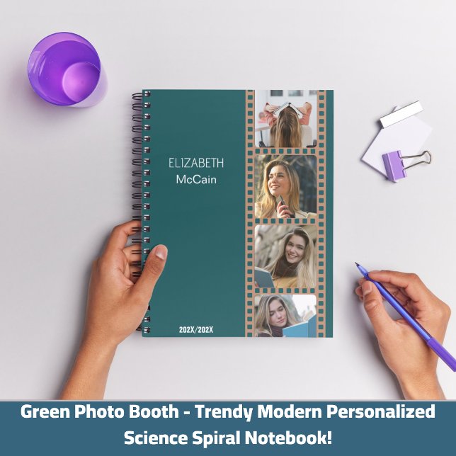 Green Foto Booth - Trendy Modern Personalisiert Notizblock (Green Photo Booth - Trendy Modern Personalized Science Spiral Notebook!)