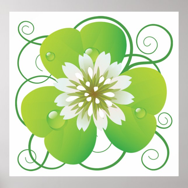 Green Four Leaf Clover with White Floral Bloom Poster (Vorne)