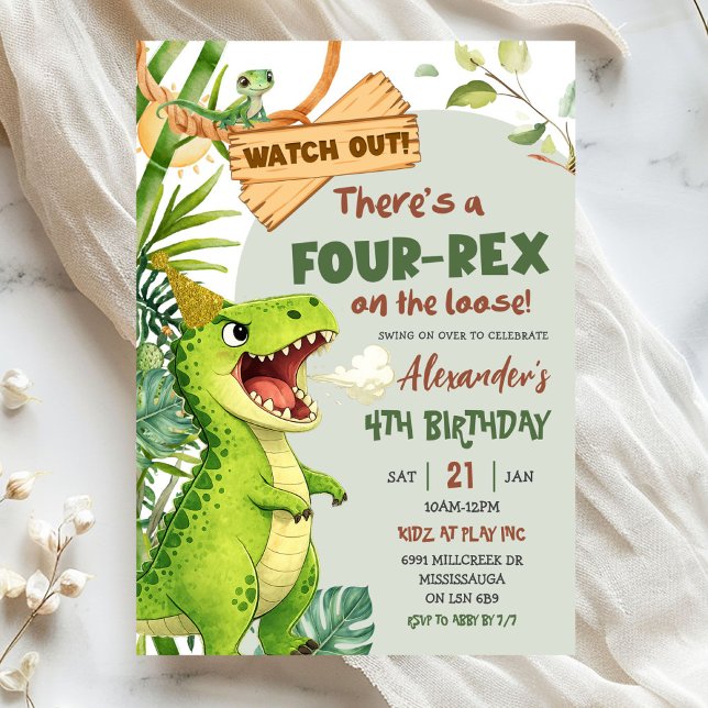 Green Four Rex On The Loose Fourth Birthday Einladung (Von Creator hochgeladen)