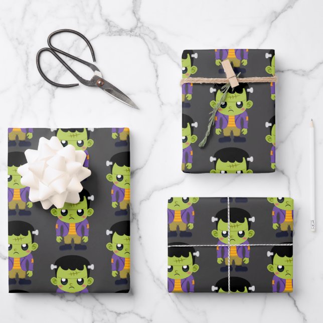 Green Frankenstein Monster Halloween Pattern Geschenkpapier Set (Vorderseite)