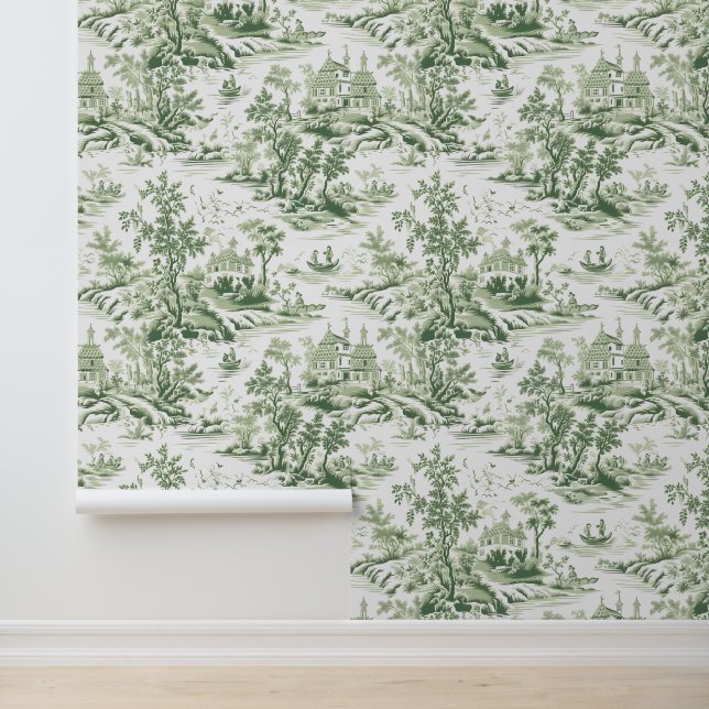 Green French Style Toile De Jouy Tapete (Anwendung)