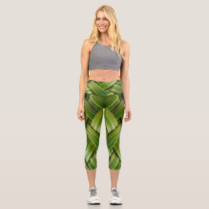 Green Fresh Bamboo Weave Capri Leggings