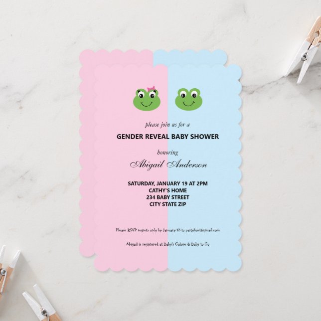 Green Frog Gender Reveal Baby Shower Einladung (Vorderseite/Rückseite Beispiel)