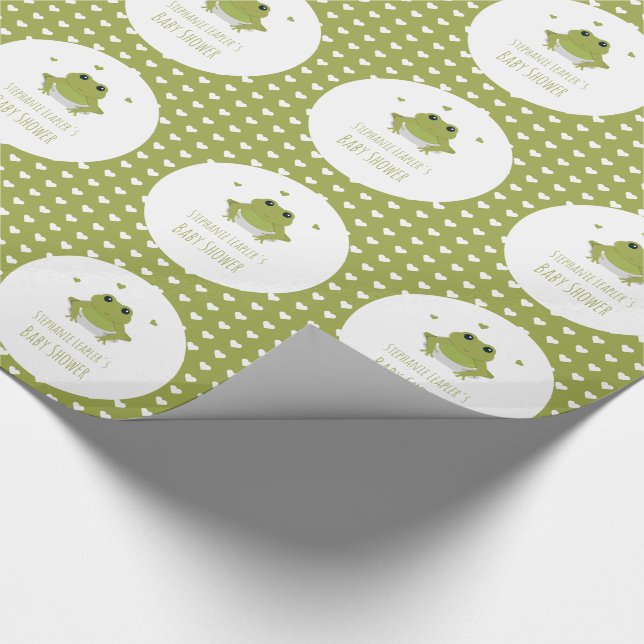 Green Frog Hearts Name Baby Shower Geschenkpapier (Ecke)