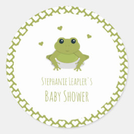 Green Frog Hearts Name Baby Shower Runder Aufkleber