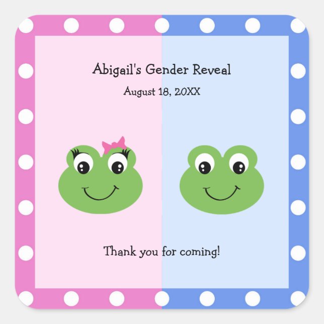 Green Frogs Gender Reveal Baby Shower Quadratischer Aufkleber (Vorderseite)