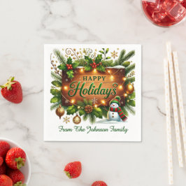 Green Galand on Wood Sign Happy Holidays Serviette
