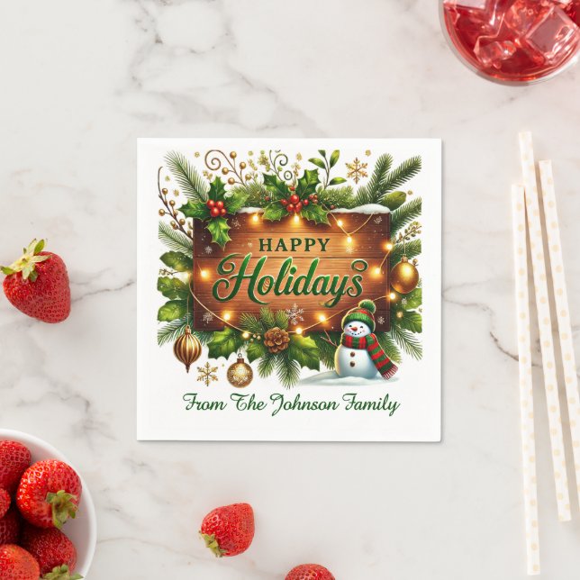 Green Galand on Wood Sign Happy Holidays Serviette (Beispiel)