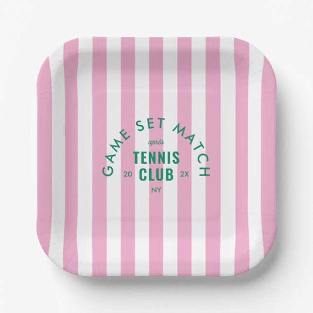 Green Game Set Match Après Tennis Club Pink Stripe Pappteller (Vorderseite)