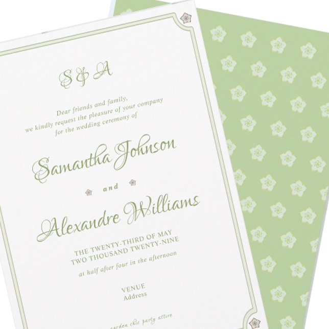 Green Garden Minimalistisch Script Wedding Zeremon Einladung (Green Garden Minimalist Script Vow Renewal Old Money Wedding Ceremony Invitation and Attire Details)