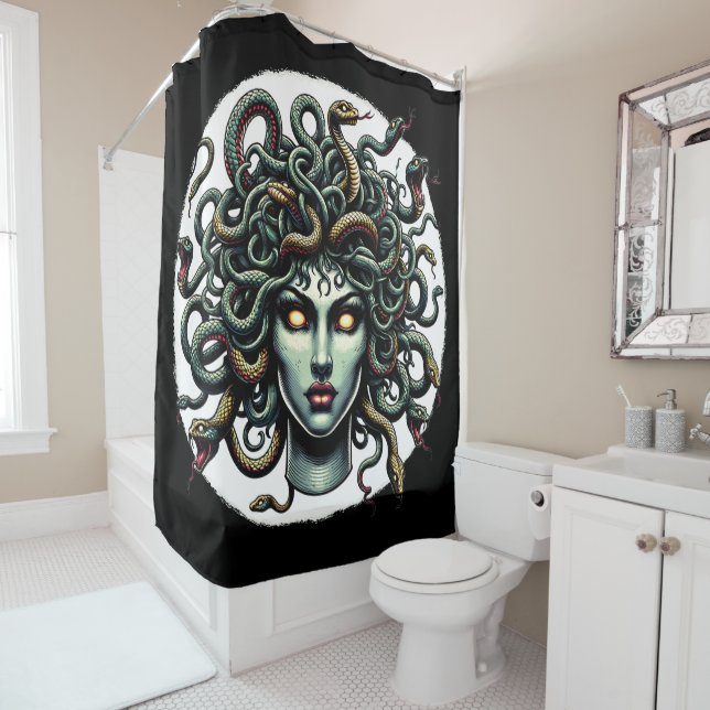 Green Gazing Medusa Kopf voller Schlangen Duschvorhang (Beispiel)