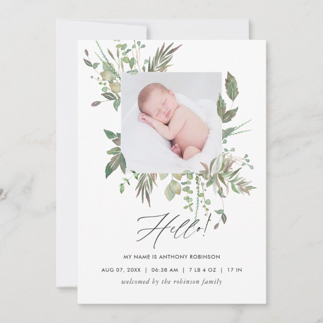 Green Geometric Birth Announcement Foto Card Ankündigung (Vorderseite)