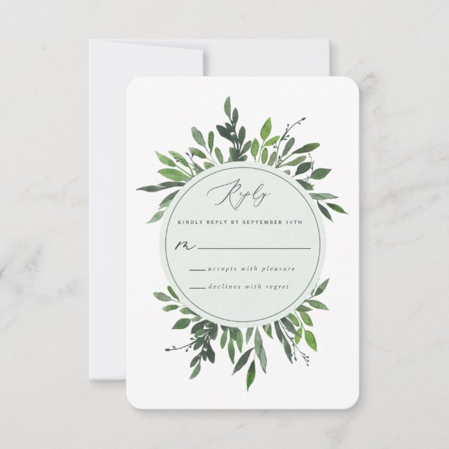 Green geometric frame leafy Hochzeitskarte RSVP Karte (Vorderseite)