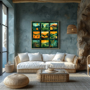 Green Gerahmt Desert Art Grid - Vibrant Geometric Poster