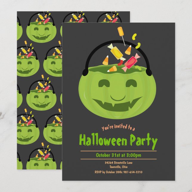 Green Ghoul Pail Candy Kid's Halloween-Party Einladung (Vorne/Hinten)