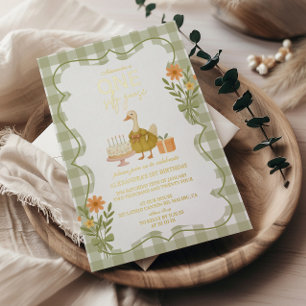 Green Gingham Albern Gänse 1. Geburtstag Folieneinladung